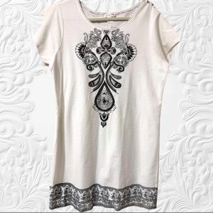 Venus White Dress with Black detail and beadwork. Size L NWT